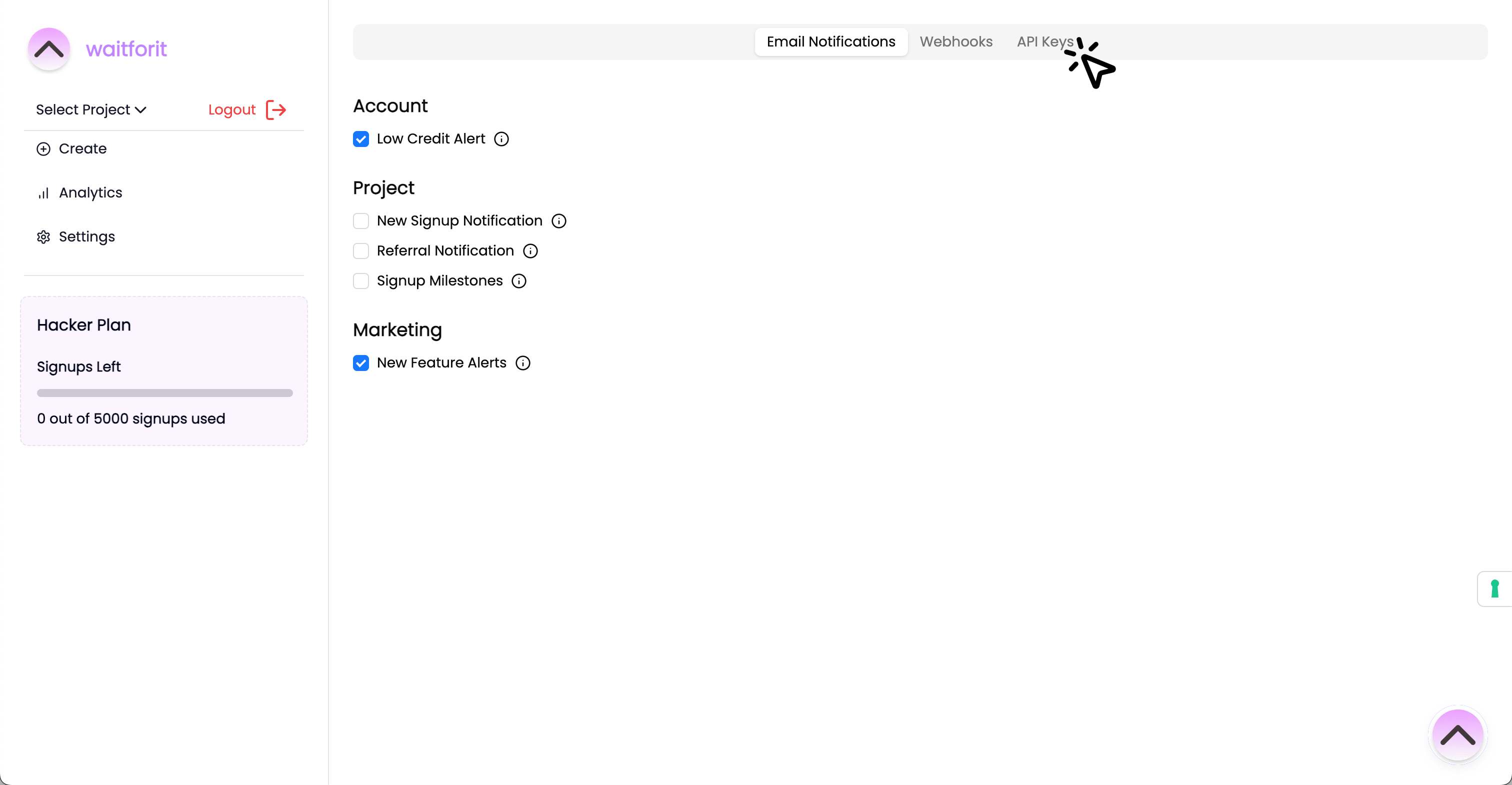 Clicking on the API Keys menu