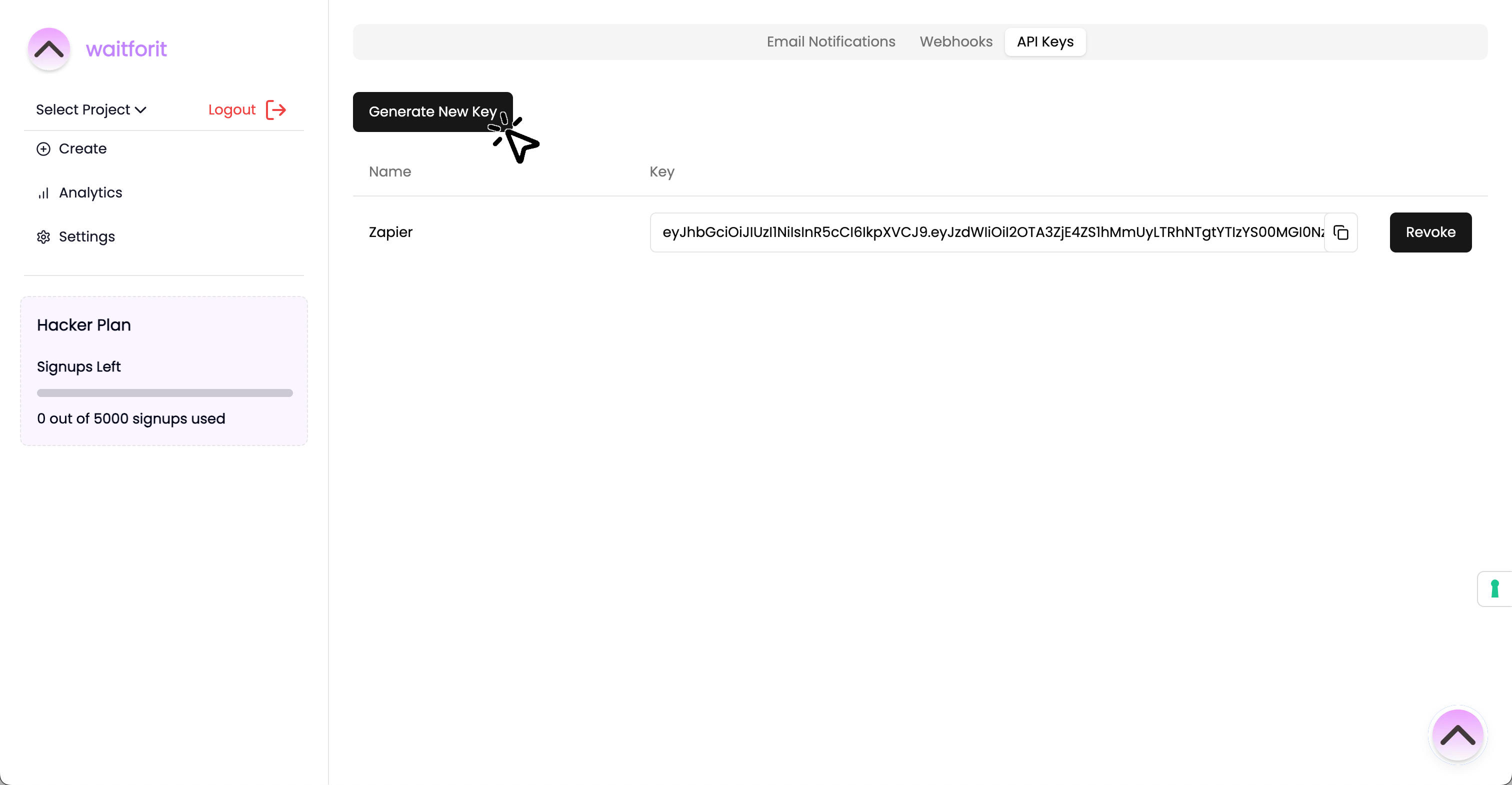 Click "Generate New Key" button