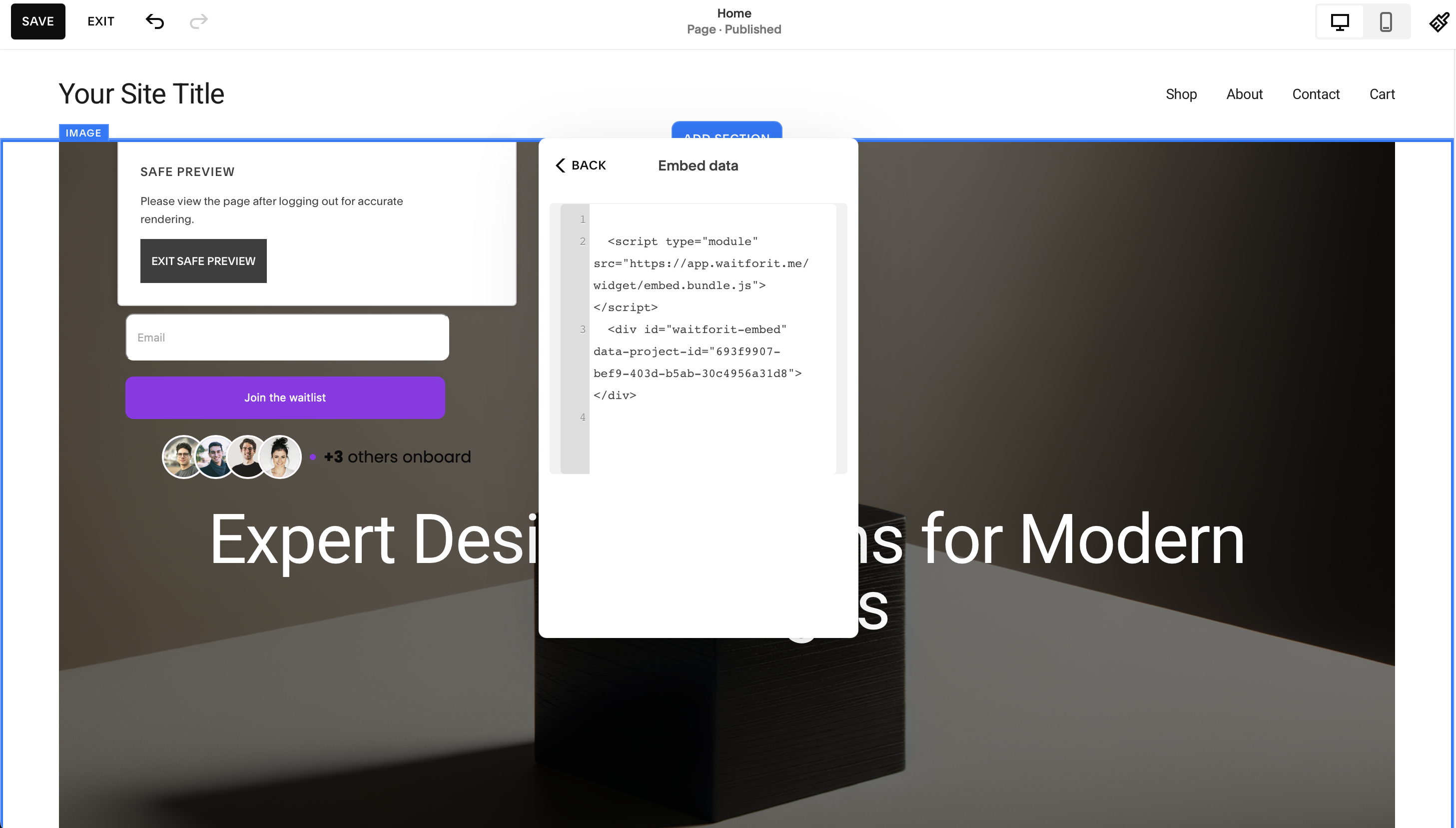Squarespace: paste snippet