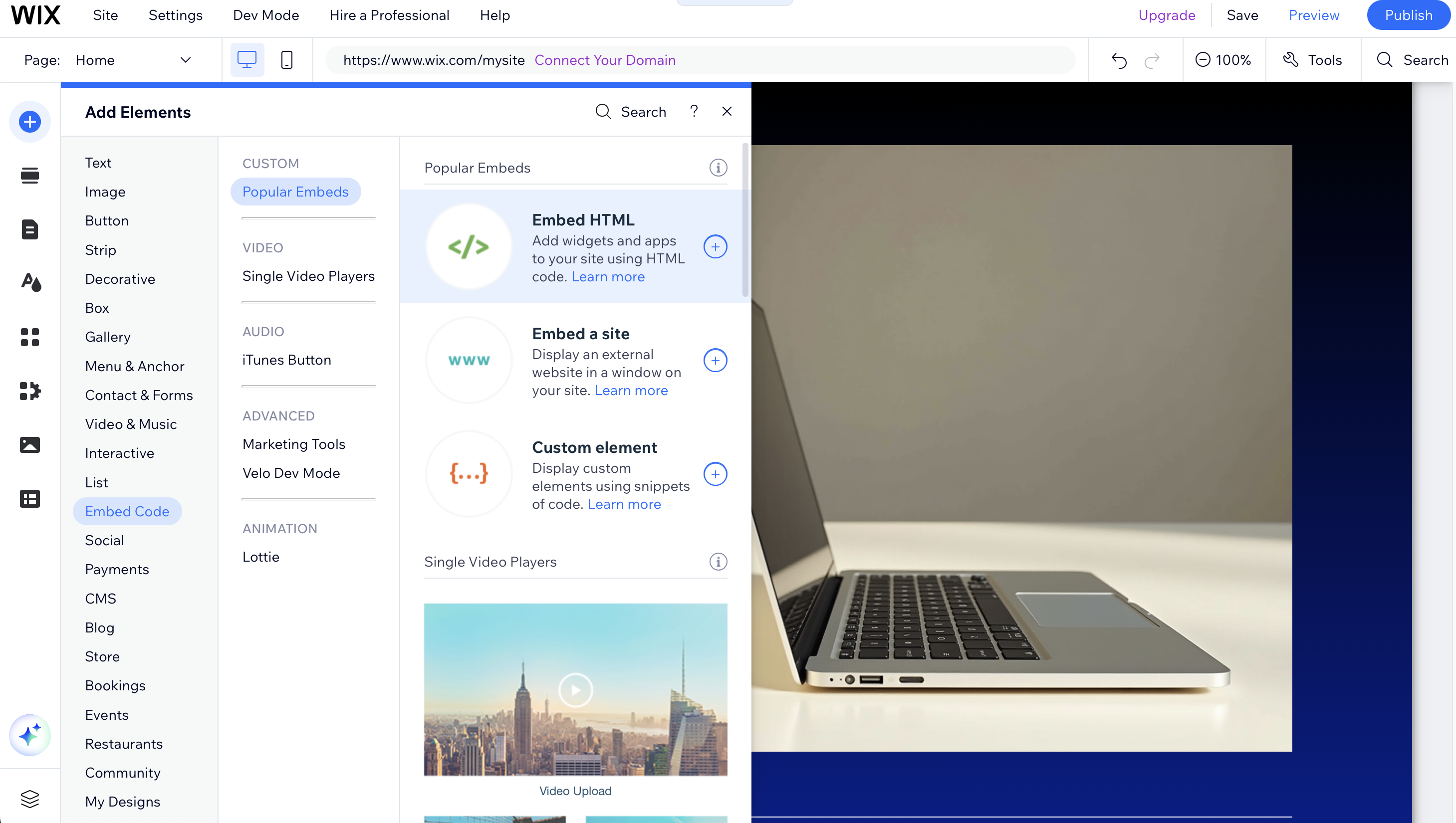 Wix: add embed widget